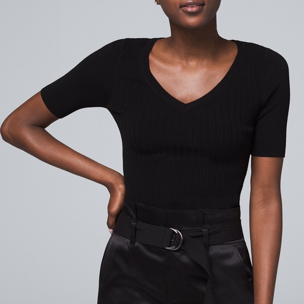 WHBM Black Short Sleeve Ribbed Sweater, Size S, NWT